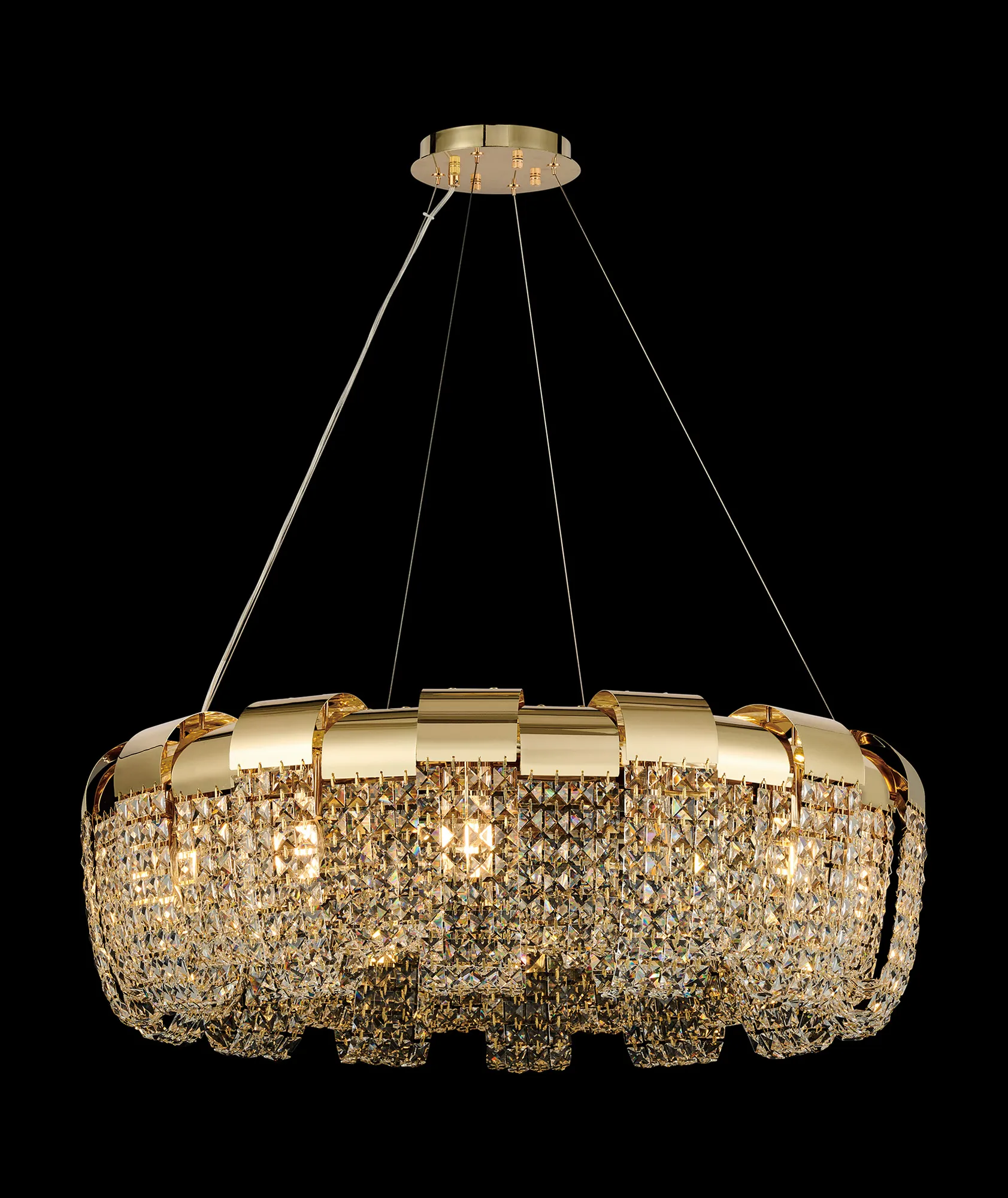 Kalani French Gold Crystal Ceiling Lights Diyas Ringed & Square Crystal Fittings